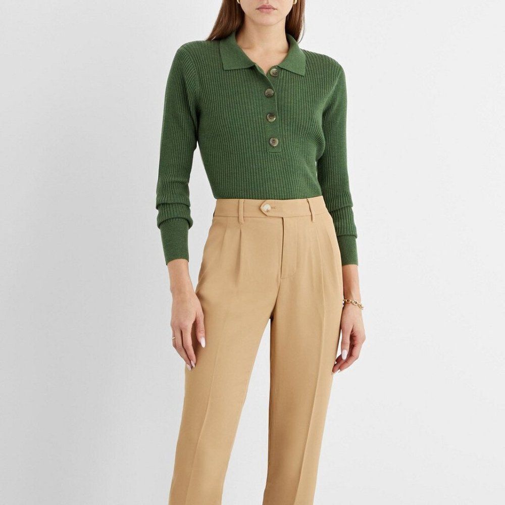 New IRIS & INK woman green ribbed stretch-Wool sweater